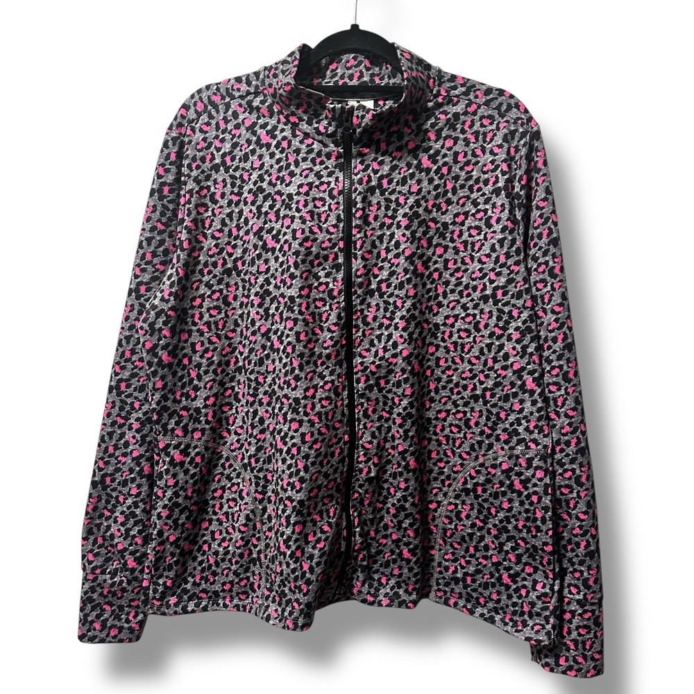 Live Well Women's Leopard Animal Print Full Zip Jacket‎ Gray Pink XL Athleisure